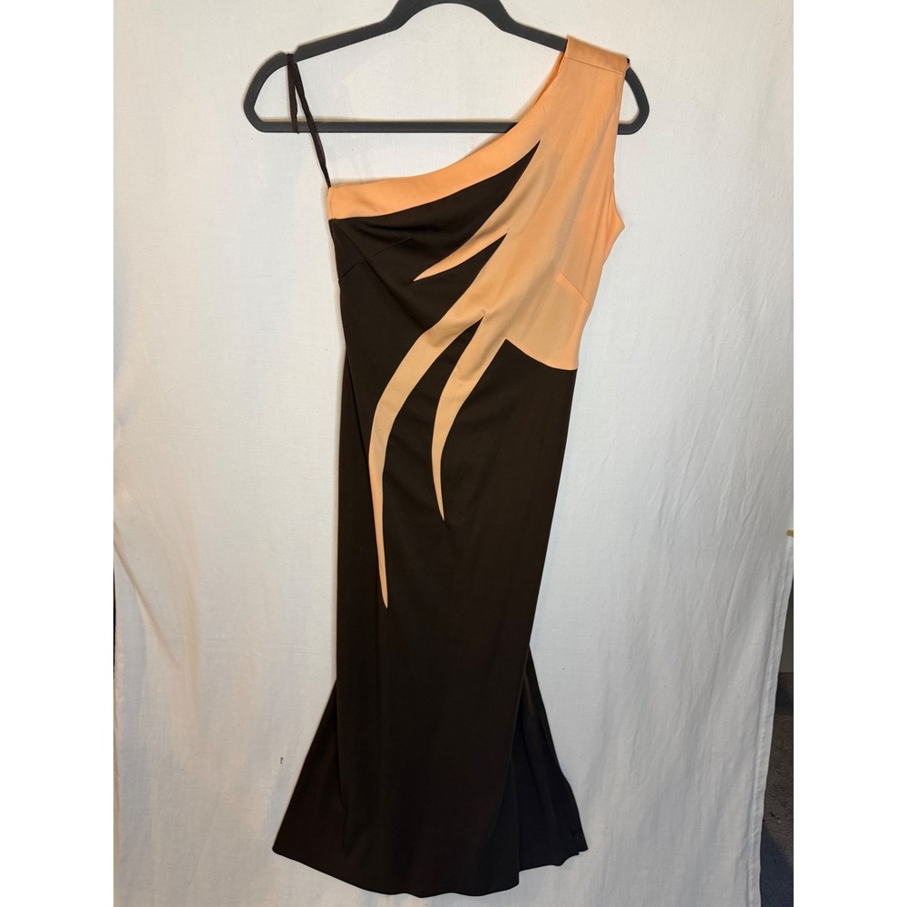 Vintage ILGWU One Shoulder Maxi Dress Brown Peach Abstract Flame Side Slit Gown